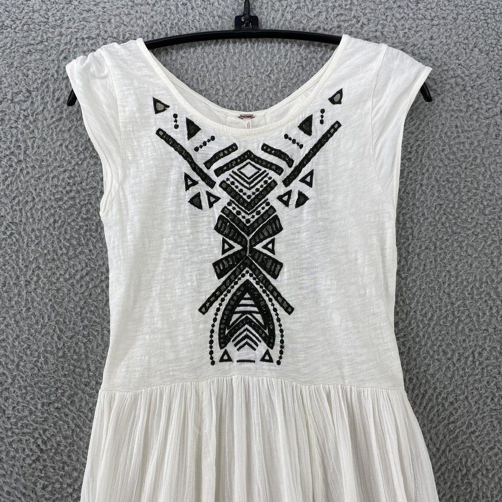 Free People Dress Womens XS White Geometric Embroidered Fit Flare Boho‎ Backless - Picture 2 of 13